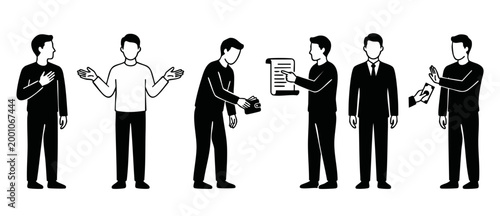 Business Ethics Concept Icon Set, Professional Integrity and Corporate Honesty Vector Illustrations Showing Trustworthy Behavior and Rejecting Bribery in Modern Office Environment Workplace Situations