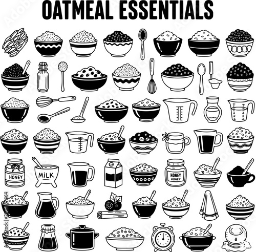 Hand-Drawn Oatmeal Essentials Icon Set: Breakfast Food Ingredients, Kitchen Utensils, and Toppings in Black and White Outline Illustrations