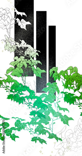 minimalist winter cityscape with ivy plant and modern skyscrapers in soft watercolor style