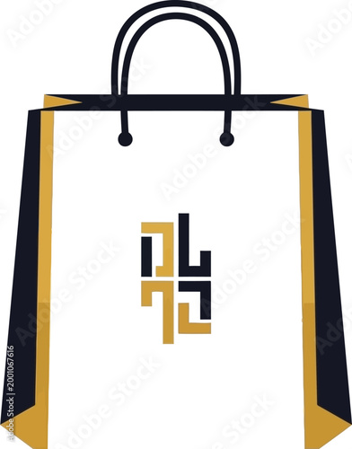 Stylish white paper shopping bag with gold and black design elements