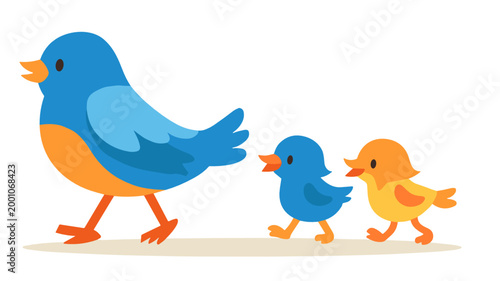 A cartoon robin family and blue bird with chicks walking together on transparent background. Colorful small songbird parents with baby birds in charming wildlife family illustration.