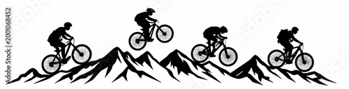 Dynamic flat vector showing multiple cyclists performing jumps over rugged mountains. Concept of extreme sport, adrenaline and challenge with bold black silhouettes on transparent background