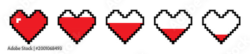 Pixel heart health bar set, Retro game life health damage indicator levels red and black color, Pixel art heart loading progress stages vector illustration