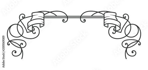 Ornate black decorative scrollwork with banners and flourishes on a white background
