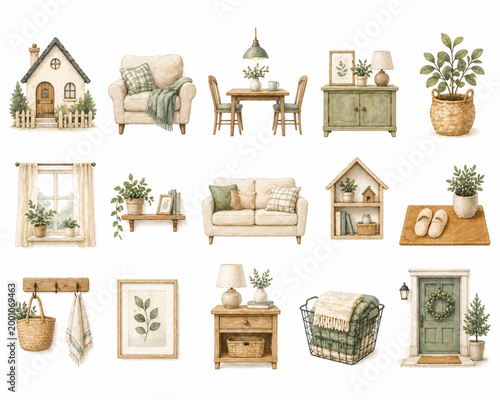 Collection of Cozy Home Interior and Exterior Furniture Elements