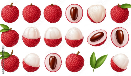 Realistic fresh lychee fruit vector illustration set with tropical botanical elements