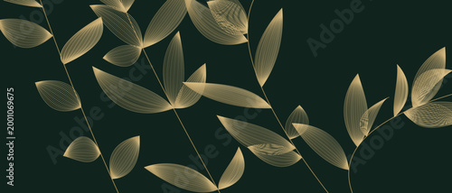 Abstract luxury dark green background with elegant gold vector line art deco botanical leaves