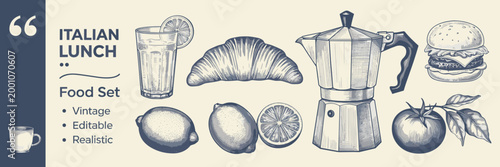Vintage italian lunch food set: moka pot, croissant, burger, lemon, tomato, and drink italian food realistic