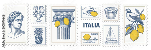 Vintage italian stamp collection: bust, lobster, pineapple, column, lemons, sailboat, bird italy