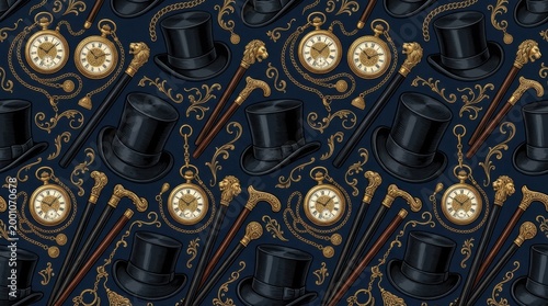 Vintage illustration pattern featuring black top hats, pocket watches, and canes on a dark blue background, showcasing classic elegance and sophistication in design
