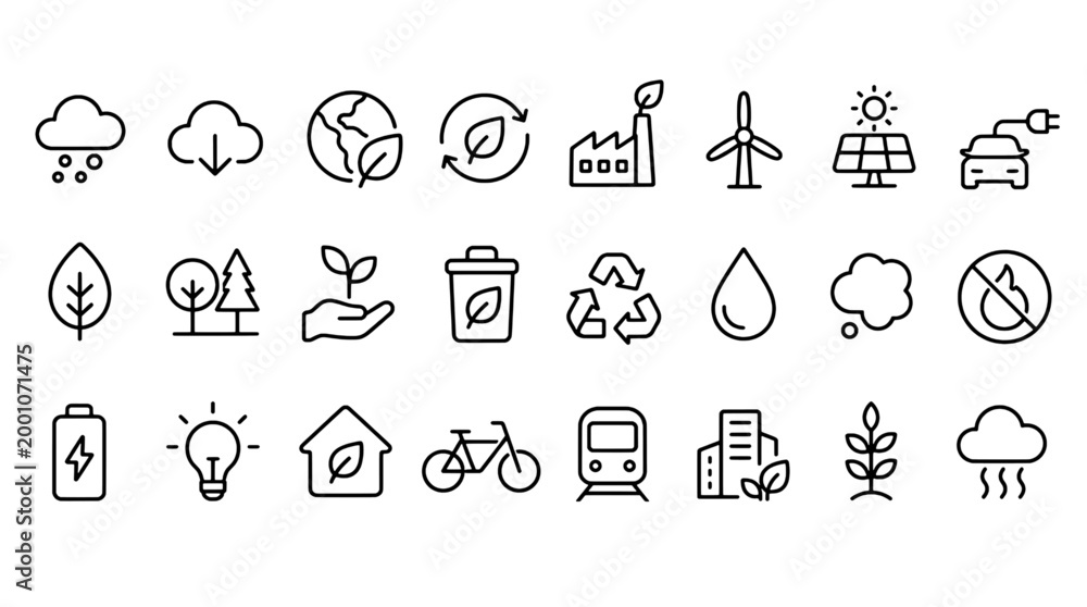 Fototapeta premium Greenhouse Gas GHG Emission Reduction Icons - 24 Climate Change Vector Icons