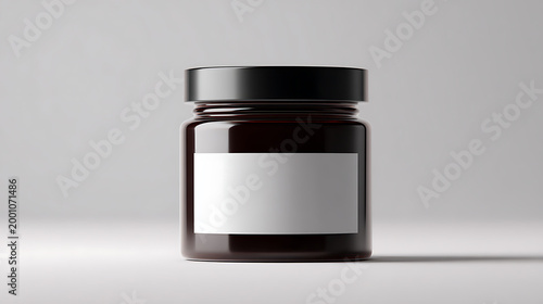 Minimalist Dark Amber Glass Jar Product Mockup with Blank Label and Black Lid on Clean White Surface, Ideal for Cosmetic or Food Packaging Display