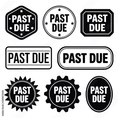 Past due stamp collection vector, overdue payment stamps and late notice seals in red ink, warning marks for billing, invoices, debt reminders, and financial document design elements