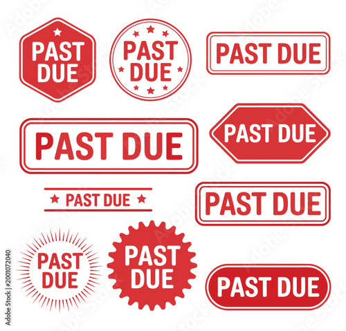 Past due stamp collection vector, overdue payment stamps and late notice seals in red ink, warning marks for billing, invoices, debt reminders, and financial document design elements