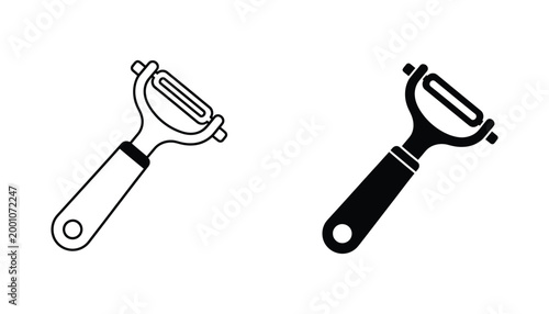 Vegetable peeler icon line drawing and solid black silhouette for kitchen tools