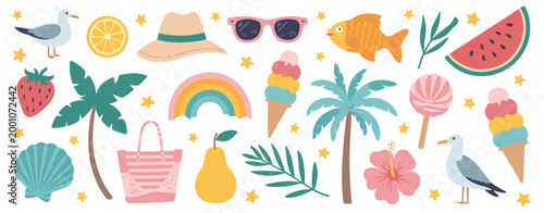 Whimsical summer beach seagulls, ice cream, palm trees, and tropical fruit vacation travel holiday
