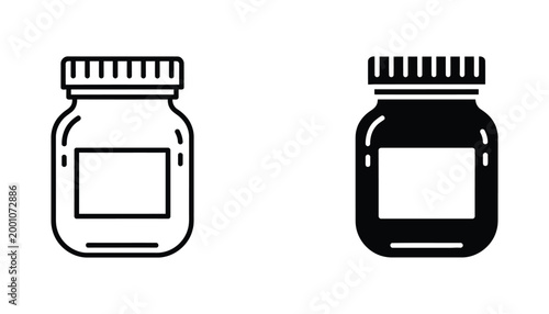 Simple jar outline and solid silhouette vector illustration with blank label isolated on white