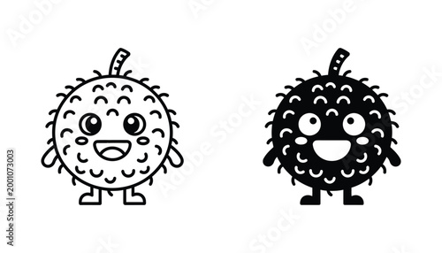 Round spiky creature outline and silhouette vector character isolated on white background