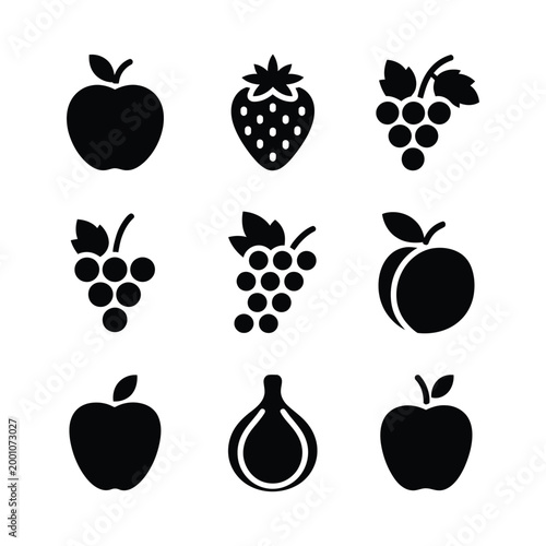 Fruit icons grid set, twelve vector fruit illustrations arranged in a clean pattern on light gray background for nutrition, healthy food, grocery, and dietary design concepts