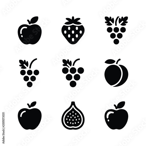 Fruit icons grid set, twelve vector fruit illustrations arranged in a clean pattern on light gray background for nutrition, healthy food, grocery, and dietary design concepts