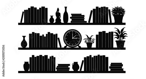 Black silhouette of bookshelves filled with objects and plants minimalist design