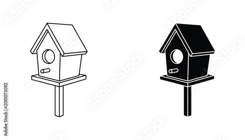 Birdhouse outline and solid silhouette vector graphic isolated on white background