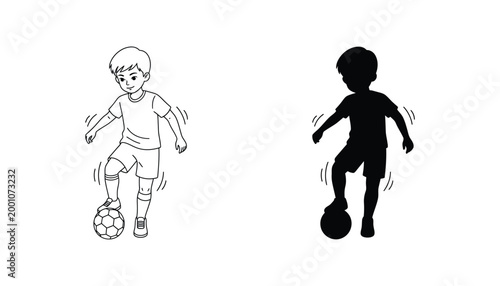 Boy playing soccer outline and silhouette vector illustration isolated on white background