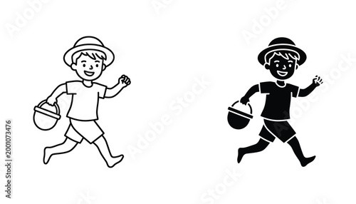 Happy boy with bucket character vector illustration in outline and solid styles for children and summer themes