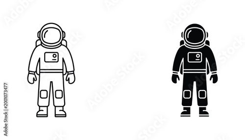 Astronaut character icon set in linear and solid black shapes for space exploration and science fiction design