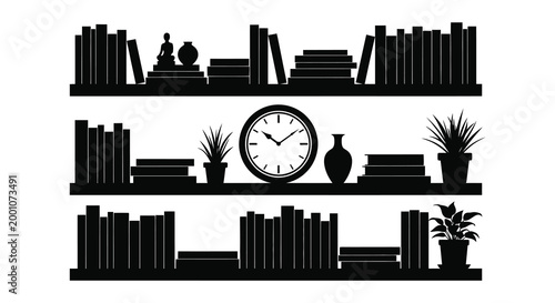 Black silhouette bookshelves with decorative objects a minimalist home library scene