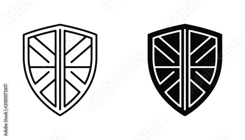 Black and white vector icons of a shield with Union Jack flag on white background