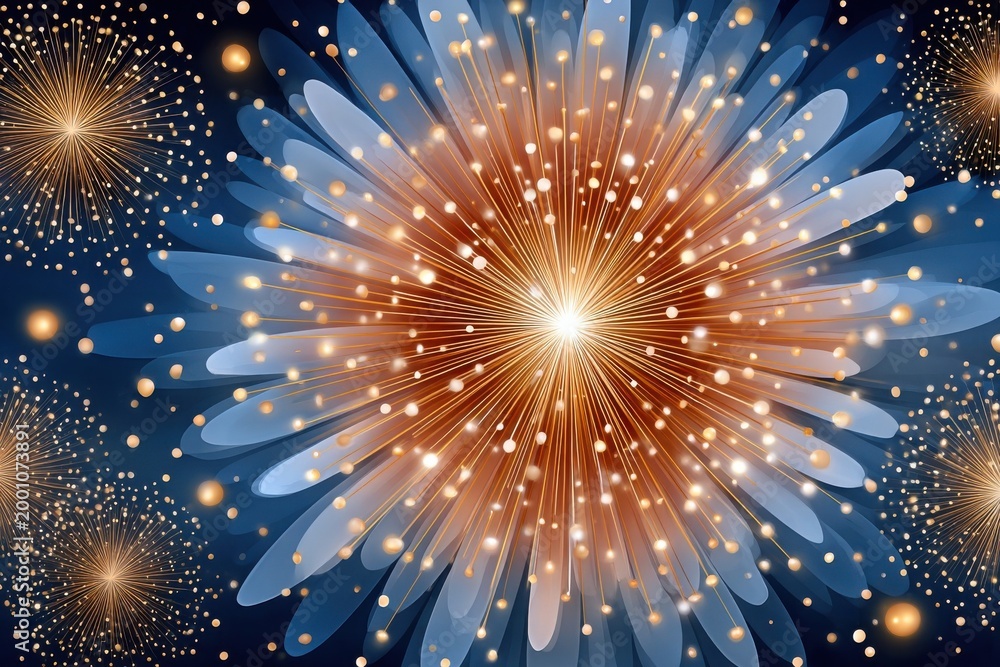 Fototapeta premium Golden blue starburst fireworks burst with glowing lights for celebration and festive background