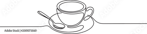 Coffee cup and saucer with spoon one line drawing isolated on gray checkered transparency background.