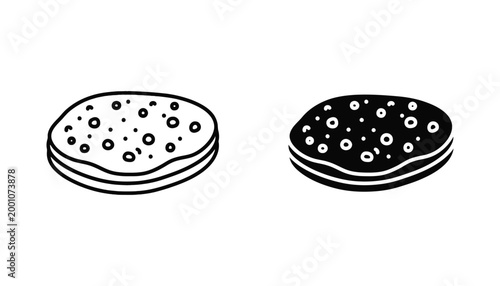 Round cookie with chocolate chips icon set in outline and solid styles for food and bakery design