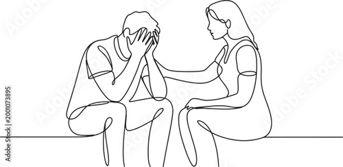 Continuous line drawing of woman comforting her sad friend with emotional support.