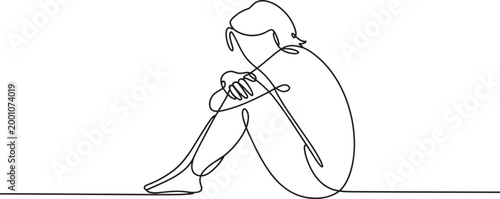 Minimalist single line drawing of a sad person crouching in fetal position on transparent background.