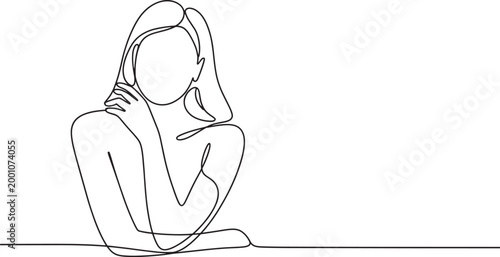 Continuous one line drawing of woman with hand on neck, looking thoughtful, transparent background art.