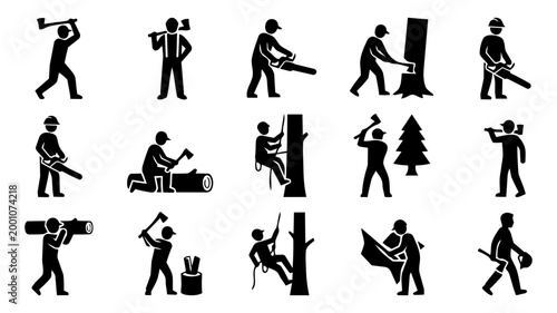 Lumberjack and Forestry Worker Icon Set – Tree Felling, Chainsaw and Woodcutting Silhouettes