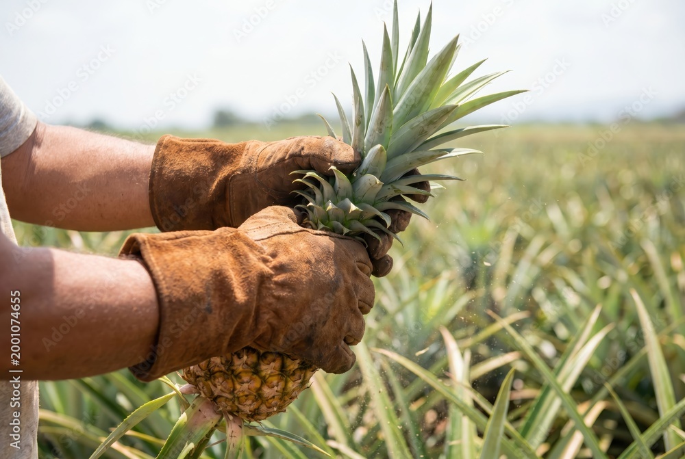 Naklejka premium Farmer hands wearing thick protective leather gloves harvesting and twisting a fresh ripe pineapple from the plant in a tropical agricultural field