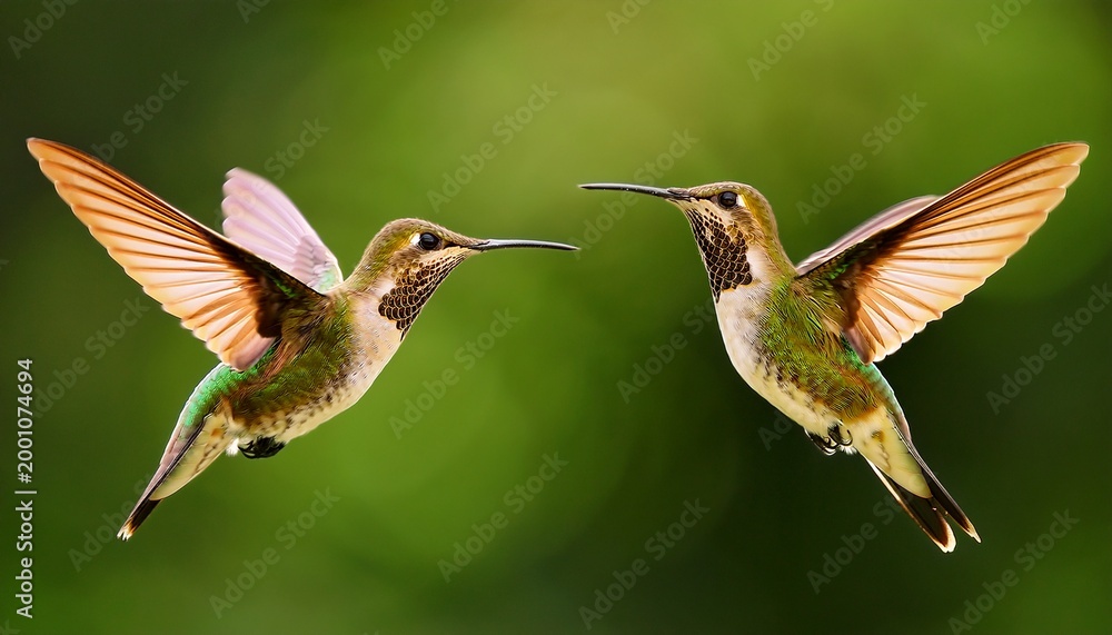 Fototapeta premium two hummingbirds flying in the air motion capture of two birds green background
