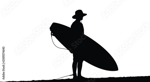 Silhouette vector illustration of a surfer wearing a hat holding a surfboard on the shore
