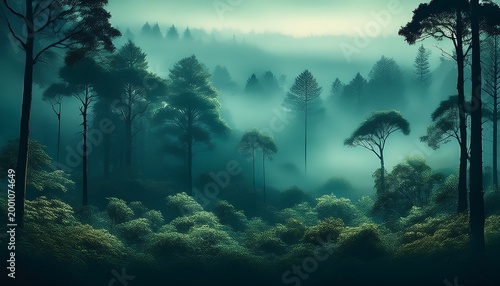 forest background with fog around trees dark green panorama walpaper background