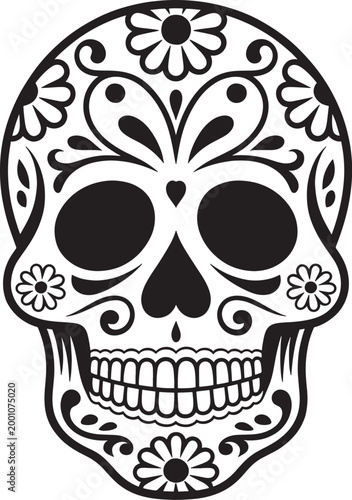 Decorative sugar skull with floral patterns and heart nose vector illustration for holiday designs.
