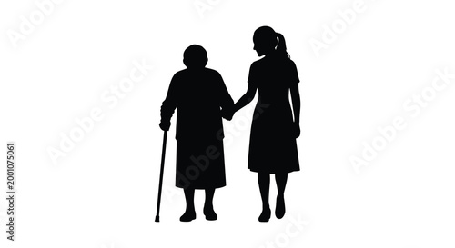 Silhouette of a grandmother and granddaughter walking together holding hands in unity