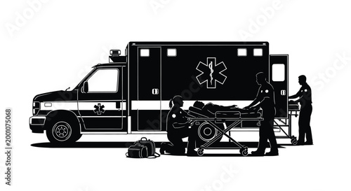 Silhouette vector illustration of emergency medical personnel attending to a patient near a parked ambulance vehicle