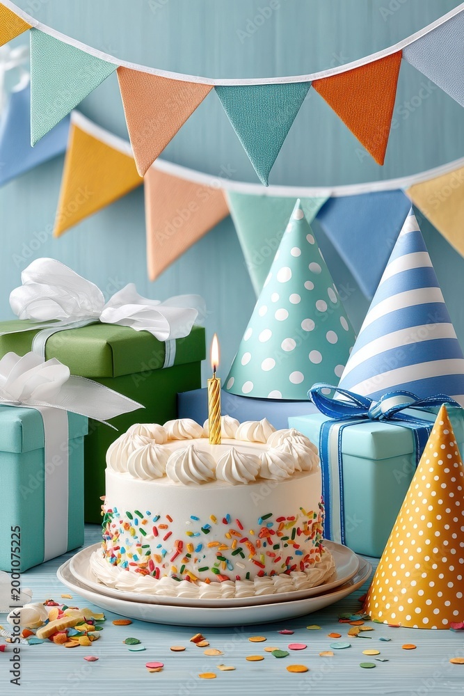 Fototapeta premium Colorful birthday party scene with decorated cake, presents, hats and confetti
