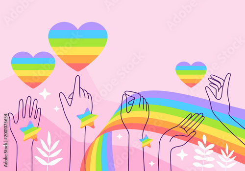 People hold flags support LGBT community. Homosexual people. Happy Pride Month concept. Gay parade element. LGBT rights