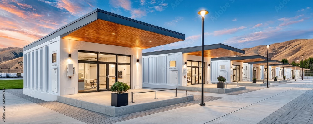 Fototapeta premium Modular white energy storage facility with battery containers and illuminated walkways at dusk