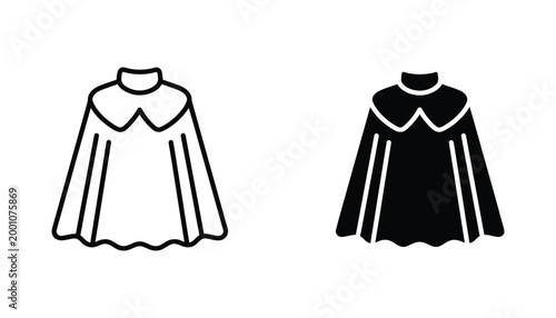 Cape with ruffled collar outline and solid black silhouette vector graphic isolated on white background