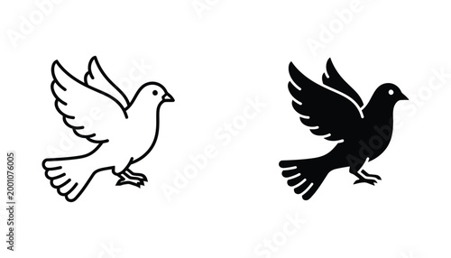 Dove bird in flight outline and solid black silhouette vector symbol isolated on white background